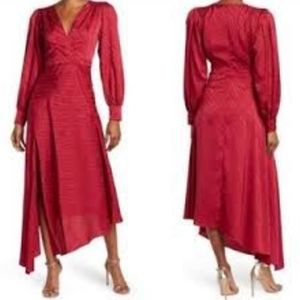 Ronny Kobo Estelle Size Small Red Jacquard Long Sleeve Asymmetric Hem Midi Dress